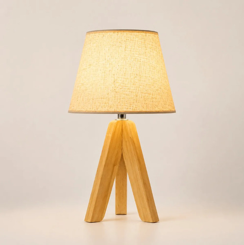 Lámpara De Mesa Trípode De Madera Con Pantalla Beige