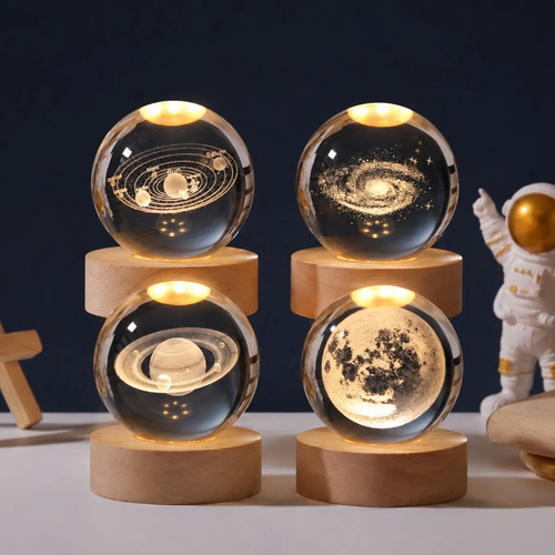 Lámpara Cristal 3d Led Astronomía Base De Madera 6cm
