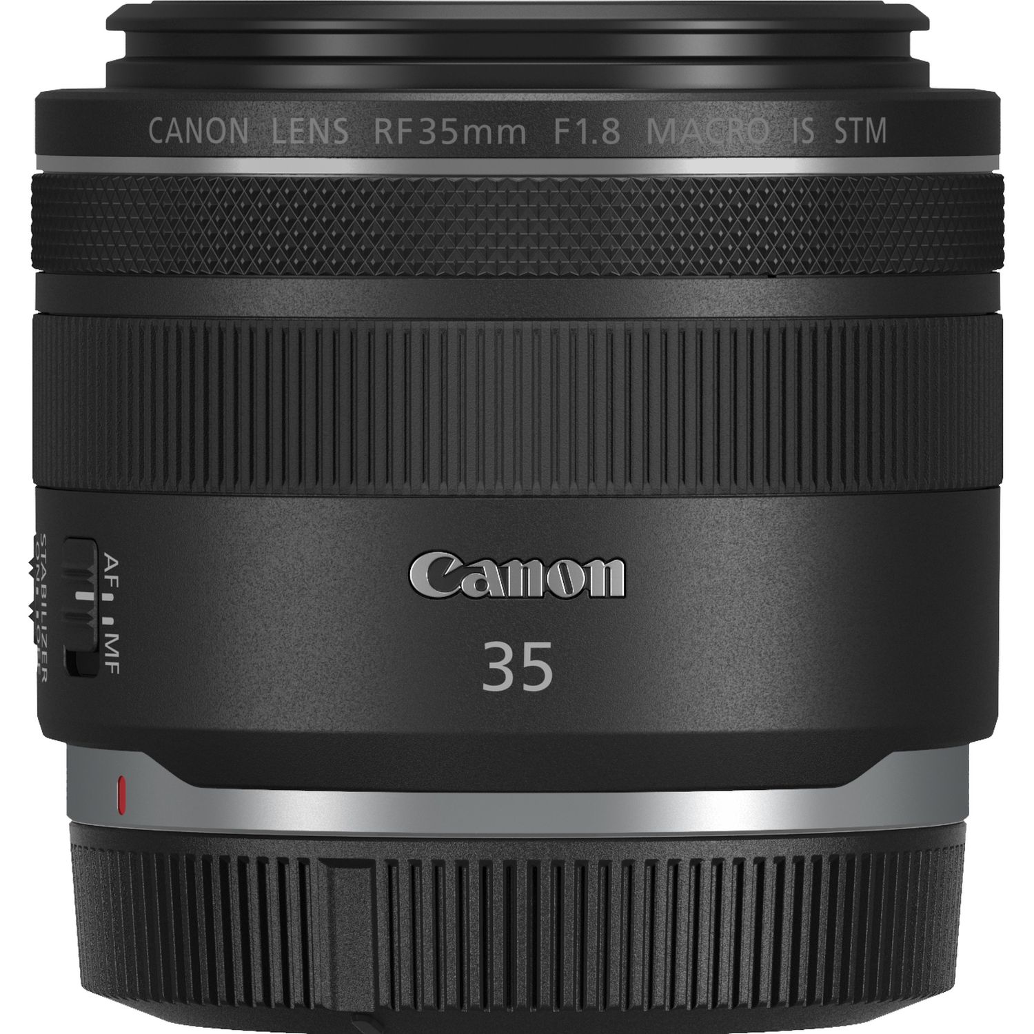 Lente Canon RF 35mm f/1.8 Macro IS STM de perfil con la tapa frontal colocada