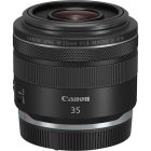 Lente Canon RF 35mm f/1.8 Macro IS STM en diagonal con la tapa frontal colocada