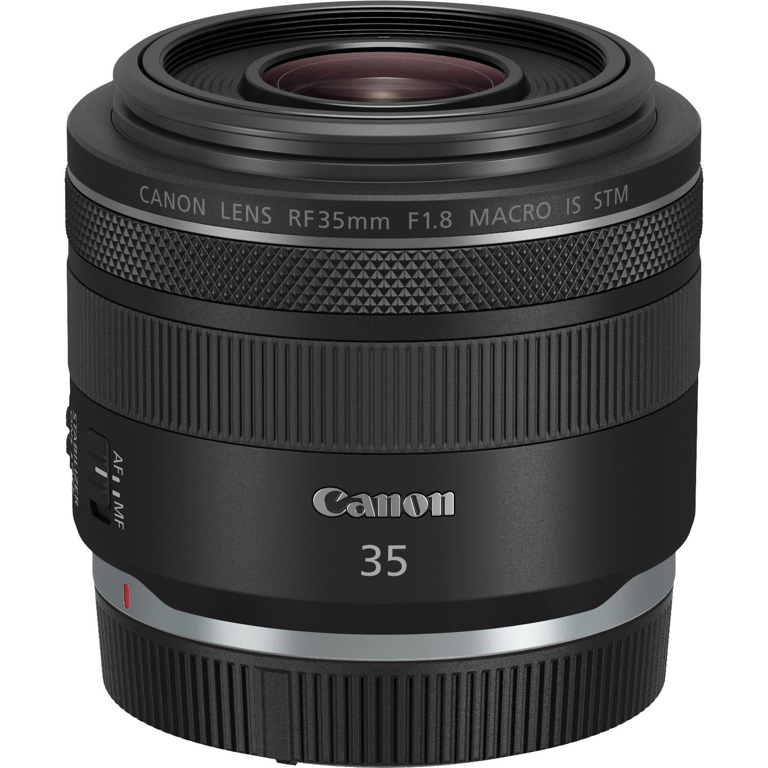 Lente Canon RF 35mm f/1.8 Macro IS STM en diagonal con la tapa frontal colocada