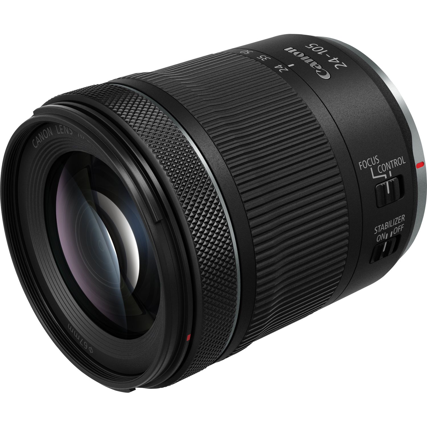 Lente Canon RF 24-105mm f/4-7.1 IS STM en diagonal, con el cristal frontal a la vista