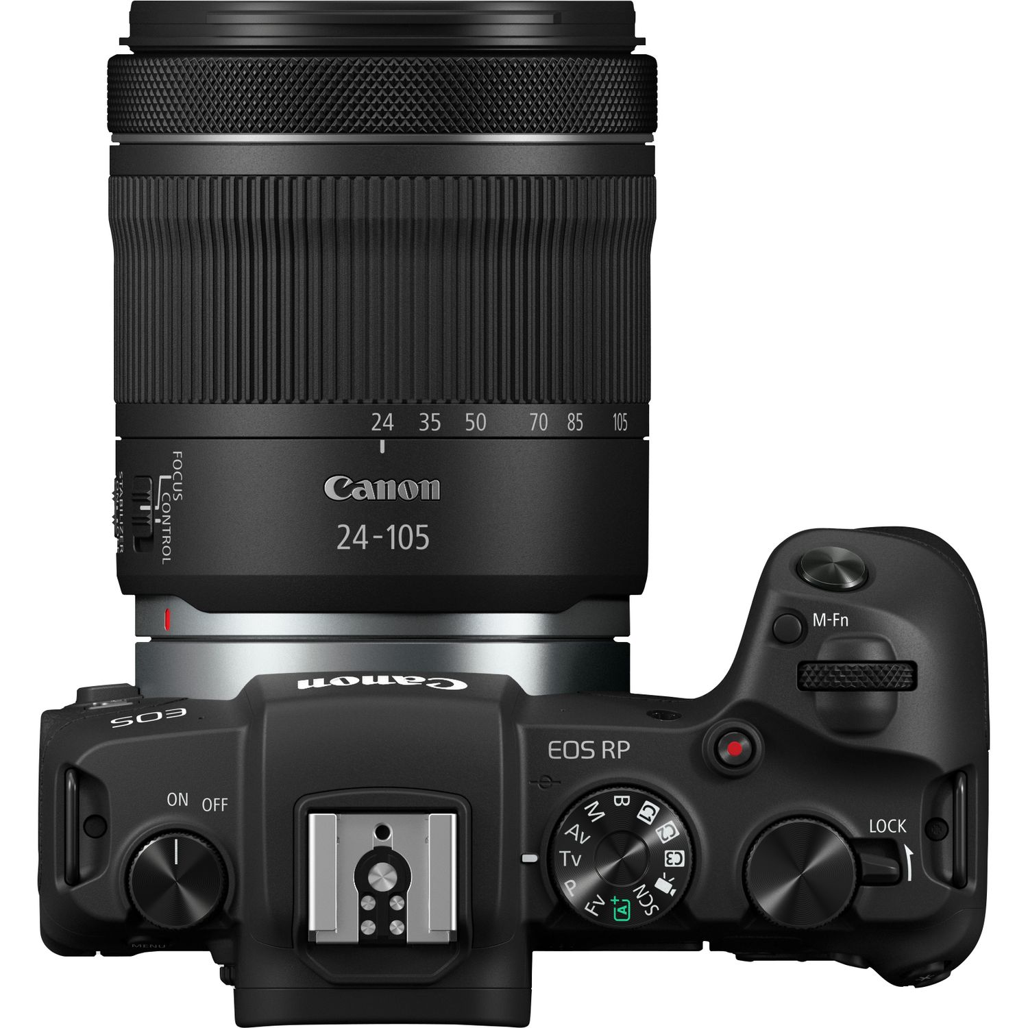 Lente Canon RF 24-105mm f/4-7.1 IS STM junto a una cámara mirrorless Canon EOS RP